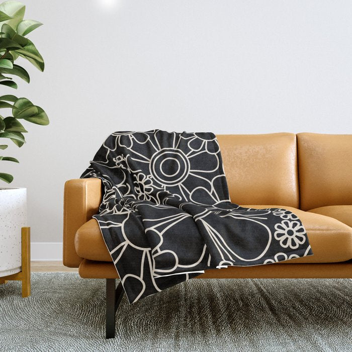 Minimal Retro Garden Flowers Contemporary Modern Black and Cream Pattern Throw Blanket Gallery Image 1