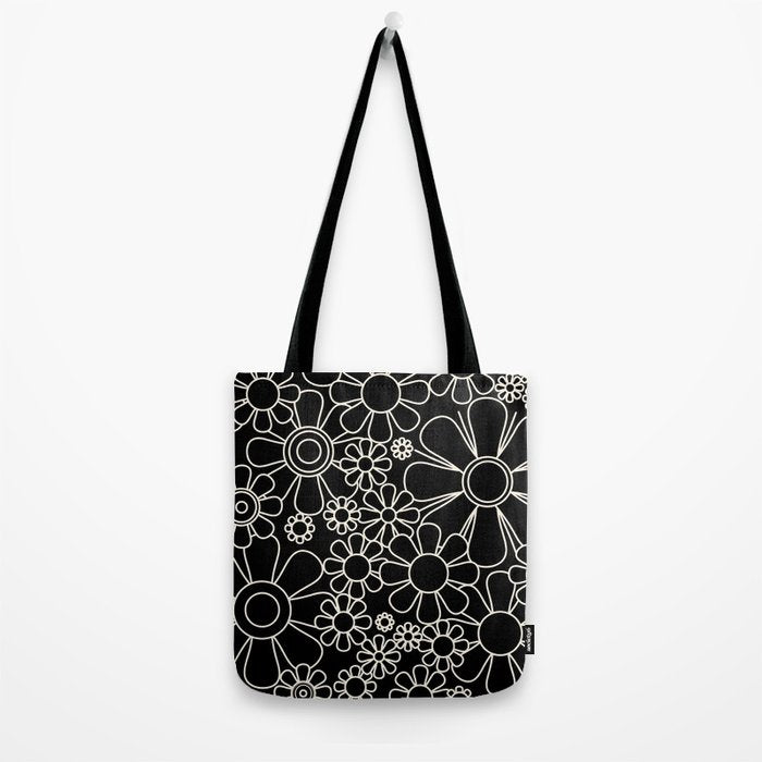 Minimal Retro Garden Flowers Contemporary Modern Black and Cream Pattern Tote Bag Gallery Image 2