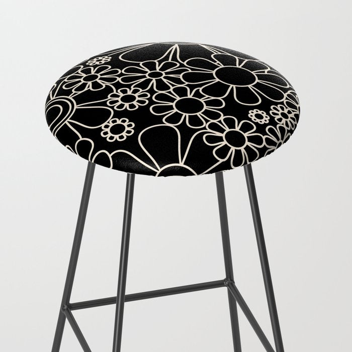 Minimal Retro Garden Flowers Contemporary Modern Black and Cream Pattern Stool Gallery Image 2