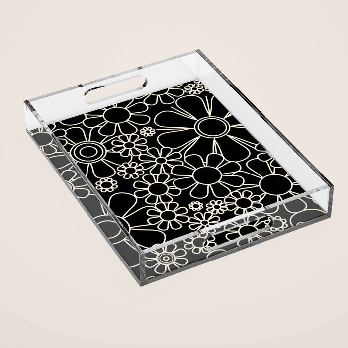 Minimal Retro Garden Flowers Contemporary Modern Black and Cream Pattern Acrylic Tray Gallery Image 1