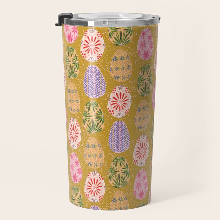 Colorful Folk Art Easter Eggs in Sandy Brown & Pink Travel Mug Gallery Image 3