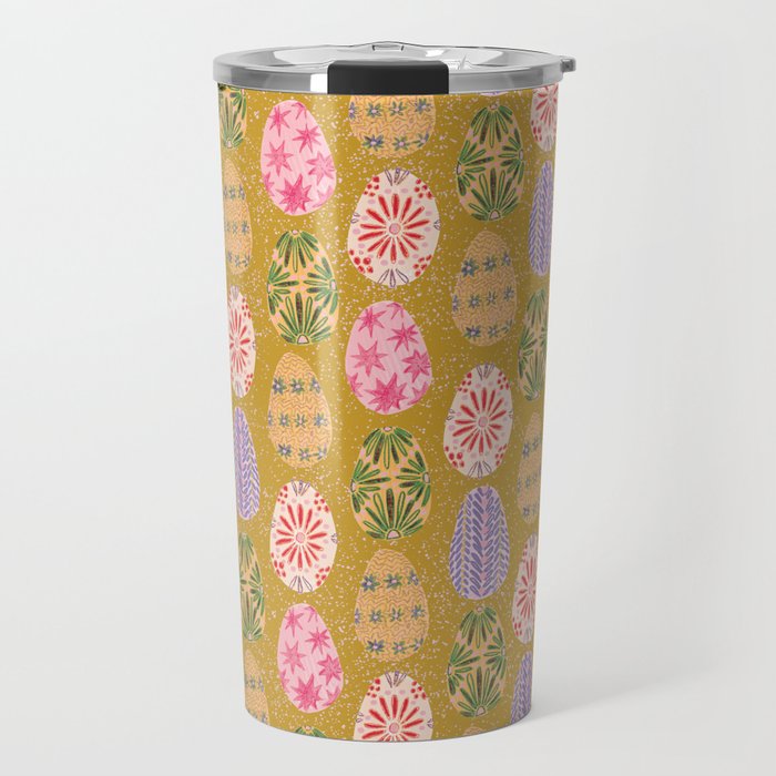Colorful Folk Art Easter Eggs in Sandy Brown & Pink Travel Mug Gallery Image 1