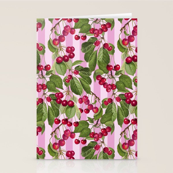 Lush Cherry Orchard Sweet Summer Fruits On Pink Stripes Stationery Card Gallery Image 1