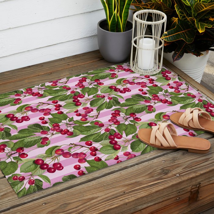Lush Cherry Orchard Sweet Summer Fruits On Pink Stripes Outdoor Rug Gallery Image 2