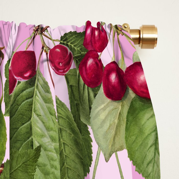 Lush Cherry Orchard Sweet Summer Fruits On Pink Stripes Window Curtain Gallery Image 2