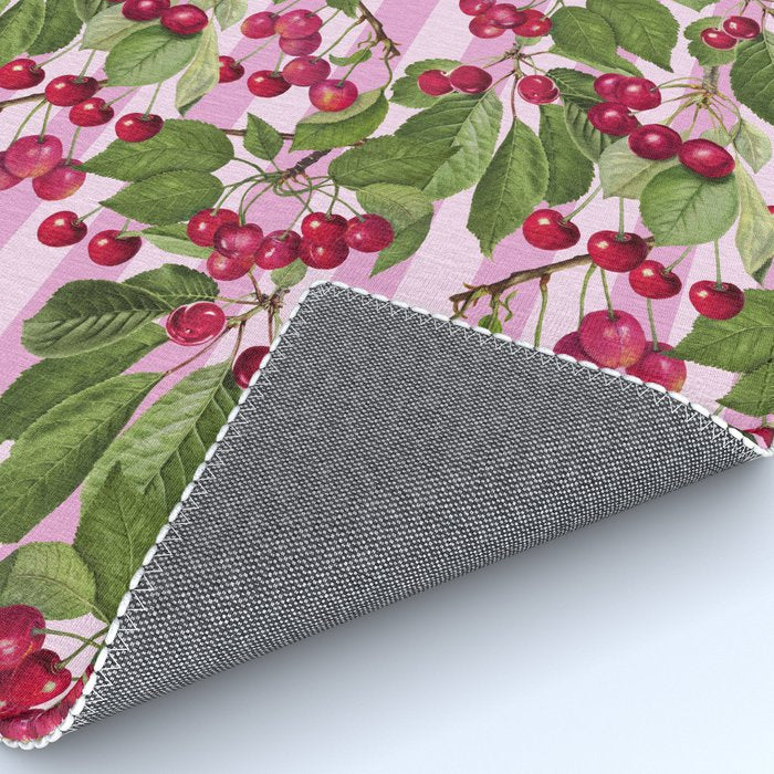 Lush Cherry Orchard Sweet Summer Fruits On Pink Stripes Rug Gallery Image 4