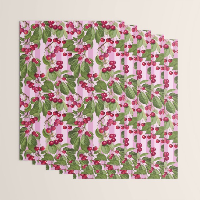 Lush Cherry Orchard Sweet Summer Fruits On Pink Stripes Wrapping Paper Gallery Image 3