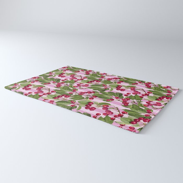 Lush Cherry Orchard Sweet Summer Fruits On Pink Stripes Rug Gallery Image 3