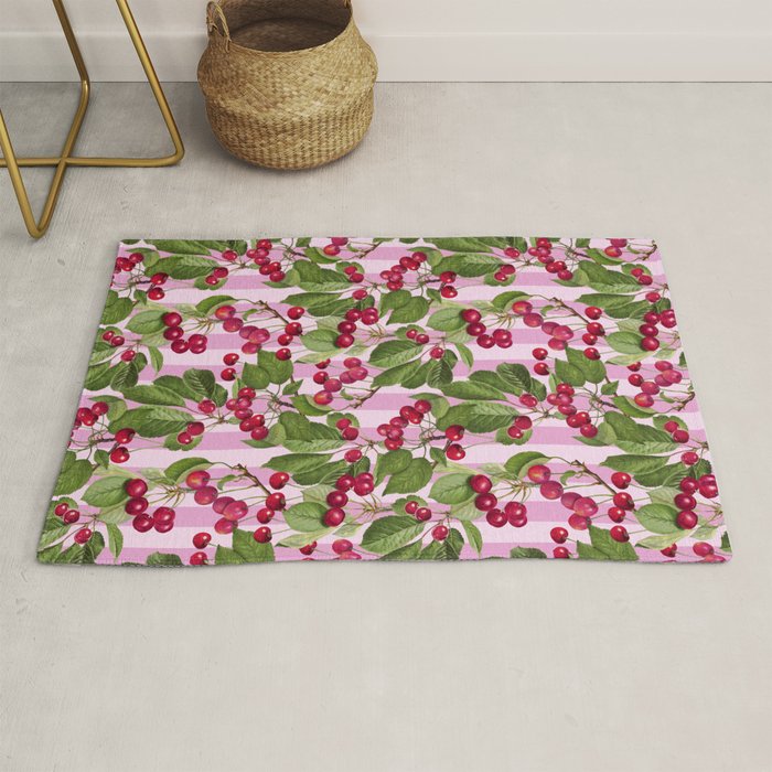 Lush Cherry Orchard Sweet Summer Fruits On Pink Stripes Rug Gallery Image 1