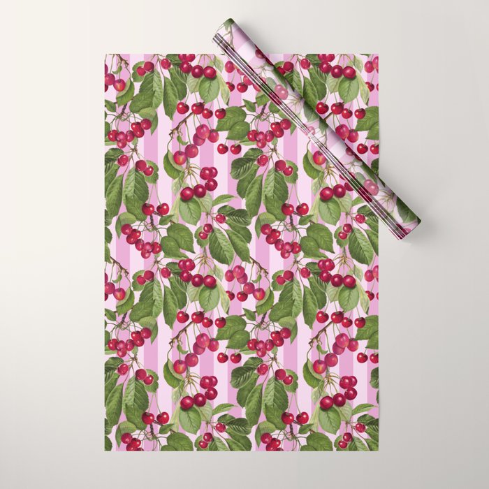 Lush Cherry Orchard Sweet Summer Fruits On Pink Stripes Wrapping Paper Gallery Image 1