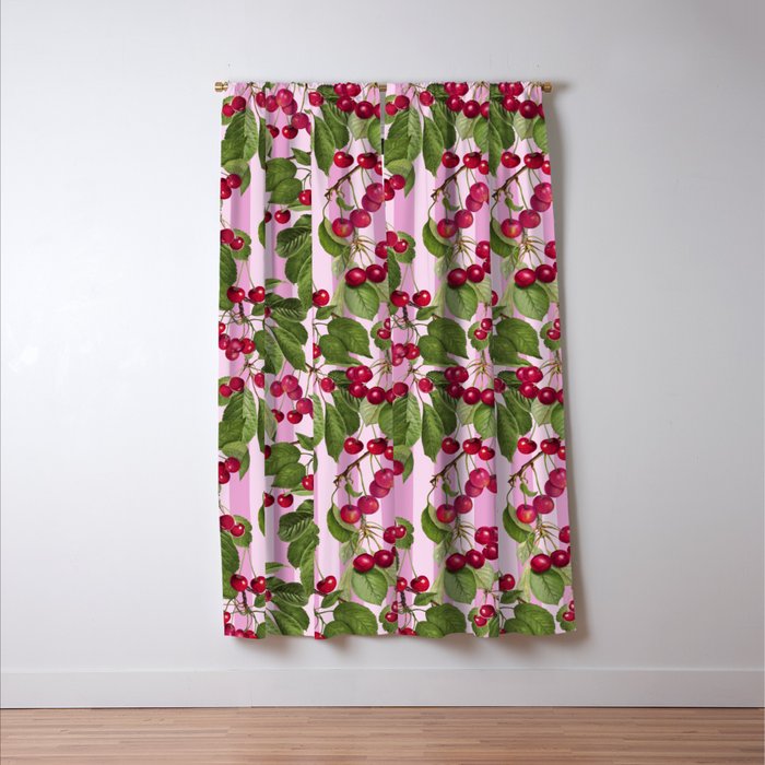 Lush Cherry Orchard Sweet Summer Fruits On Pink Stripes Window Curtain Gallery Image 3