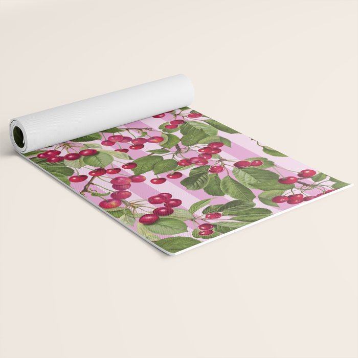 Lush Cherry Orchard Sweet Summer Fruits On Pink Stripes Yoga Mat Gallery Image 2