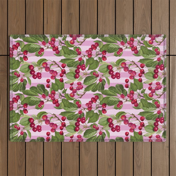 Lush Cherry Orchard Sweet Summer Fruits On Pink Stripes Outdoor Rug Gallery Image 1