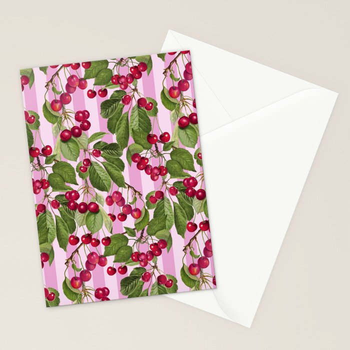 Lush Cherry Orchard Sweet Summer Fruits On Pink Stripes Stationery Card Gallery Image 2