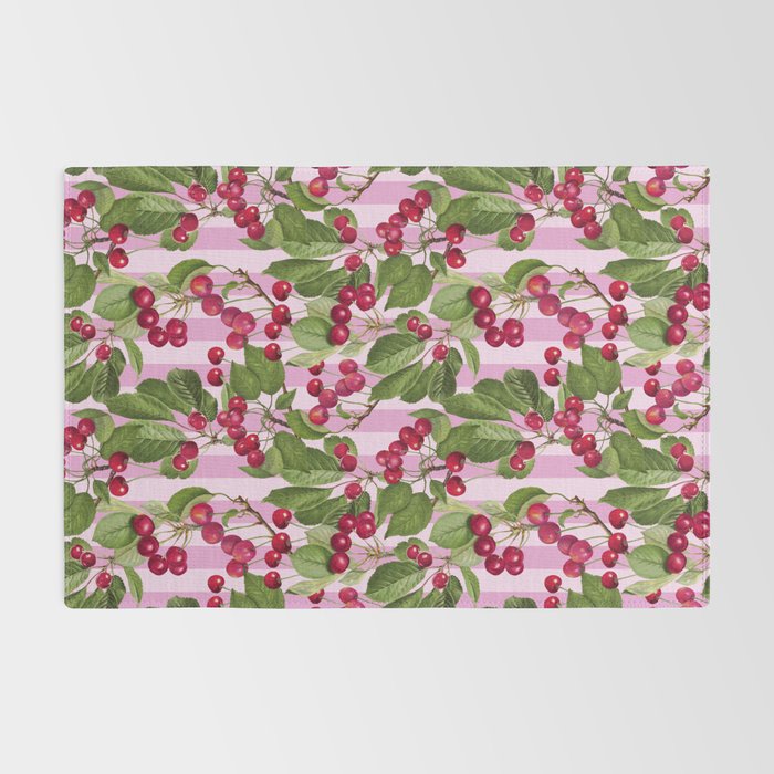 Lush Cherry Orchard Sweet Summer Fruits On Pink Stripes Rug Gallery Image 2