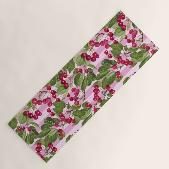 Lush Cherry Orchard Sweet Summer Fruits On Pink Stripes Yoga Mat Gallery Image 1