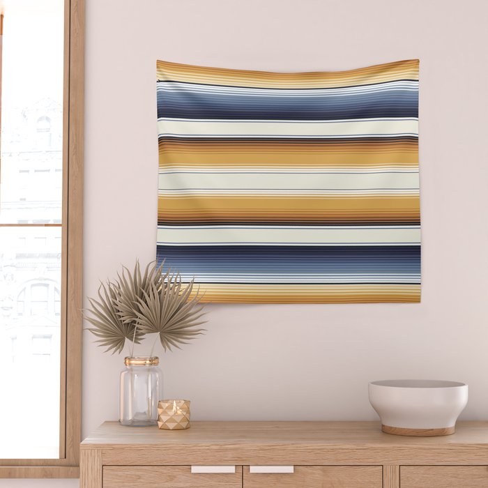 Indigo Blue, Amber Brown and Navajo White Southwest Serape Blanket Stripes Wall Tapestry Gallery Image 2