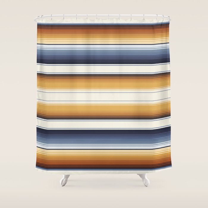 Indigo Blue, Amber Brown and Navajo White Southwest Serape Blanket Stripes Shower Curtain Gallery Image 1