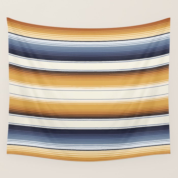 Indigo Blue, Amber Brown and Navajo White Southwest Serape Blanket Stripes Wall Tapestry Gallery Image 1
