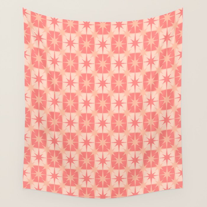 Mid Century Modern Atomic Stars Retro Checkered Starburst Pattern in Blush Pink Wall Tapestry Gallery Image 4