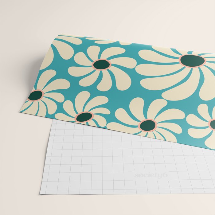 Retro Super Bloom - 70'S Vibe - Turquoise Wrapping Paper Gallery Image 2