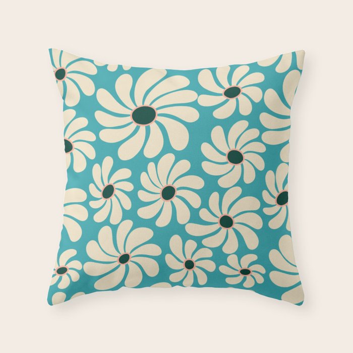 Retro Super Bloom - 70'S Vibe - Turquoise Throw Pillow Gallery Image 1