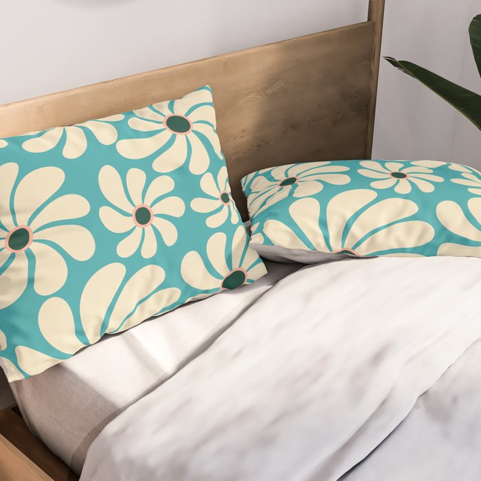 Retro Super Bloom - 70'S Vibe - Turquoise Pillow Sham Gallery Image 2
