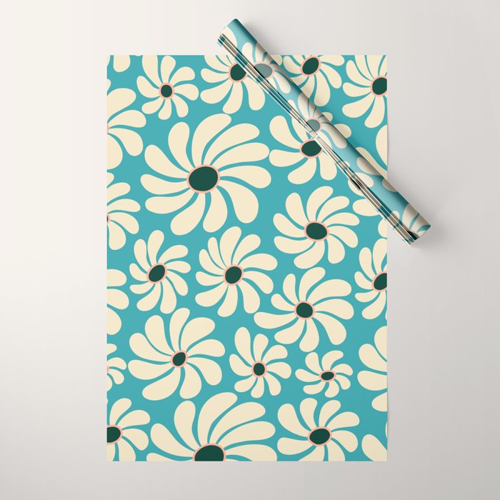 Retro Super Bloom - 70'S Vibe - Turquoise Wrapping Paper Gallery Image 1