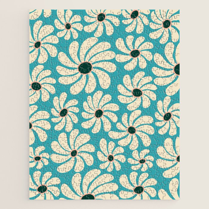Retro Super Bloom - 70'S Vibe - Turquoise Jigsaw Puzzle Gallery Image 1