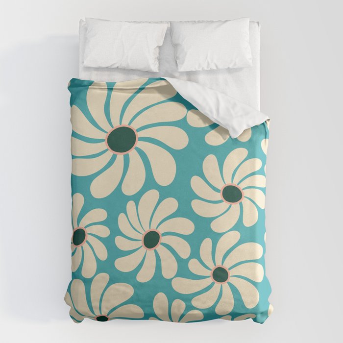 Retro Super Bloom - 70'S Vibe - Turquoise Duvet Cover Gallery Image 1