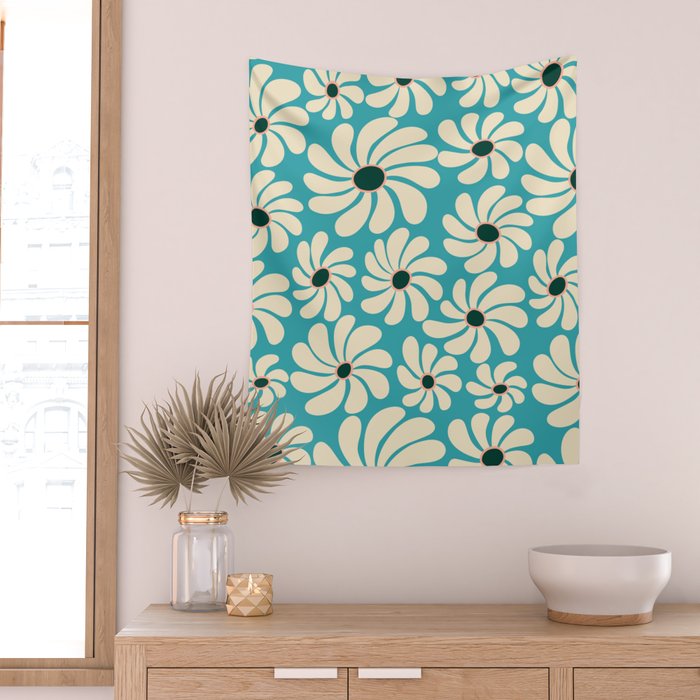 Retro Super Bloom - 70'S Vibe - Turquoise Wall Tapestry Gallery Image 2