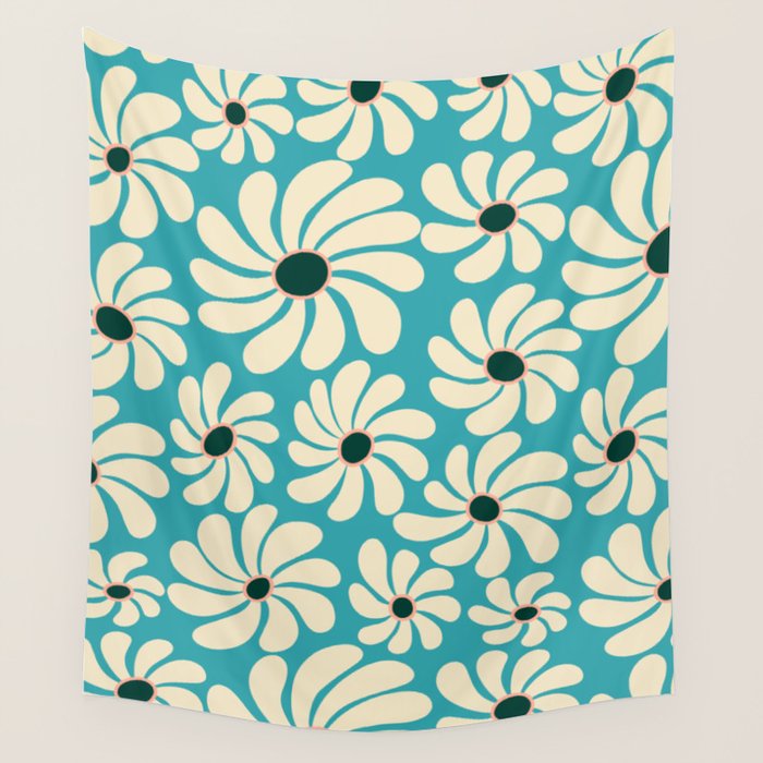 Retro Super Bloom - 70'S Vibe - Turquoise Wall Tapestry Gallery Image 1