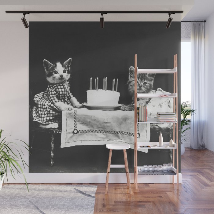 Vintage Let them eat cake kittens with cake and candles funny humorous black and white photograph Wall Mural Gallery Image 1