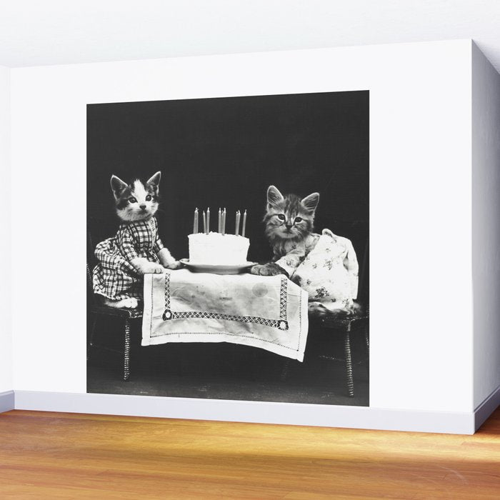 Vintage Let them eat cake kittens with cake and candles funny humorous black and white photograph Wall Mural Gallery Image 2