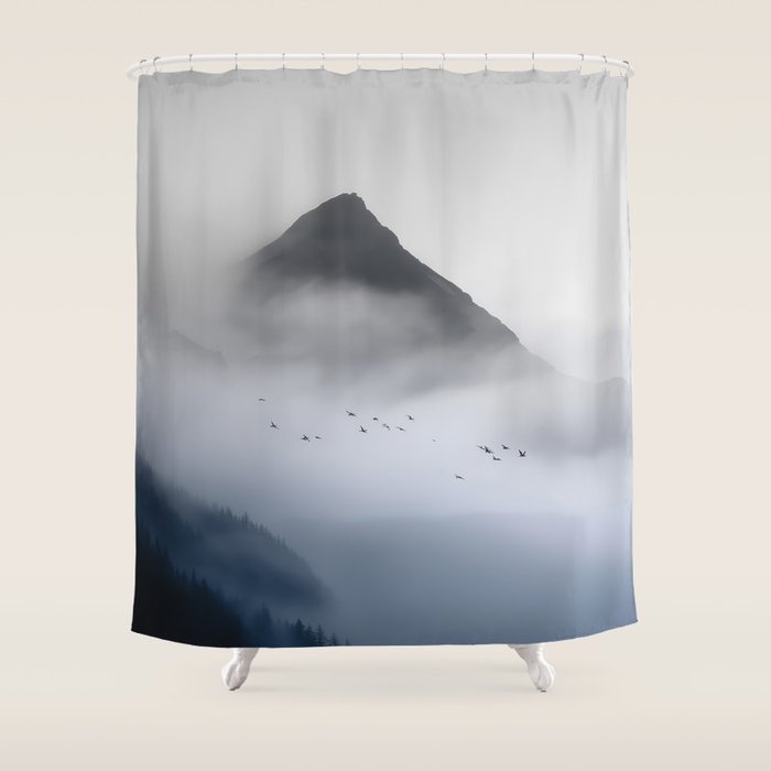 Still Summit - Birds Over Foggy Ridge Shower Curtain Gallery Image 1