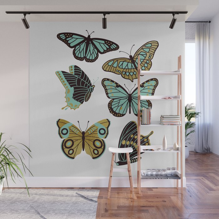 Texas Butterflies - Mint and Gold Wall Mural Gallery Image 1