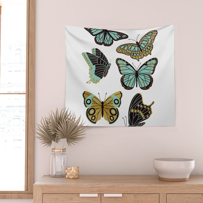 Texas Butterflies - Mint and Gold Wall Tapestry Gallery Image 2