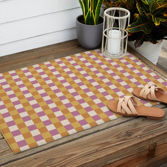 Checkered Multicolor Pattern XXXII 60s Summer Pink Orange Outdoor Rug Gallery Image 2