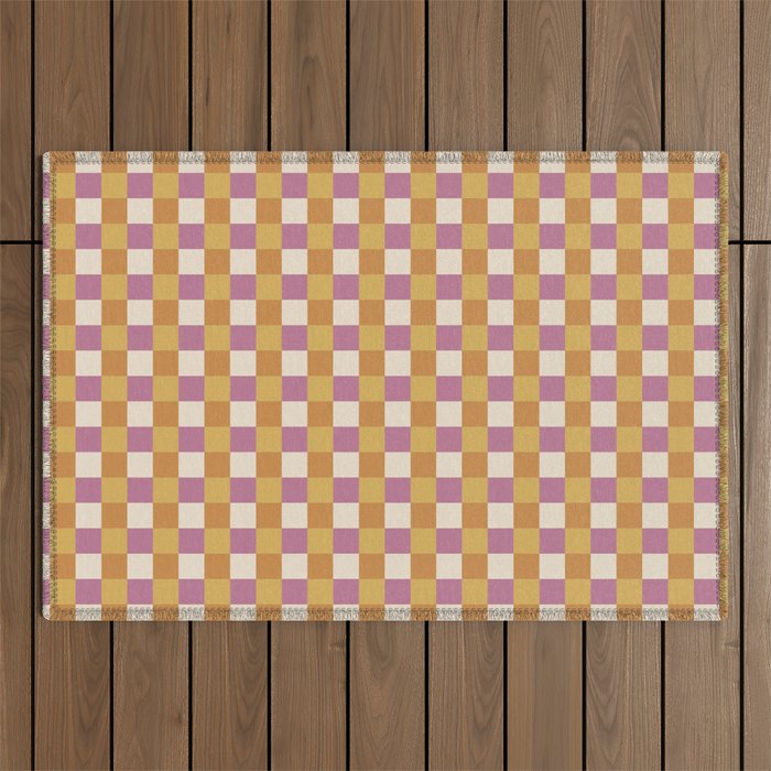 Checkered Multicolor Pattern XXXII 60s Summer Pink Orange Outdoor Rug Gallery Image 1