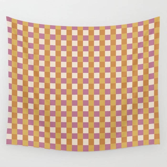 Checkered Multicolor Pattern XXXII 60s Summer Pink Orange Wall Tapestry Gallery Image 4