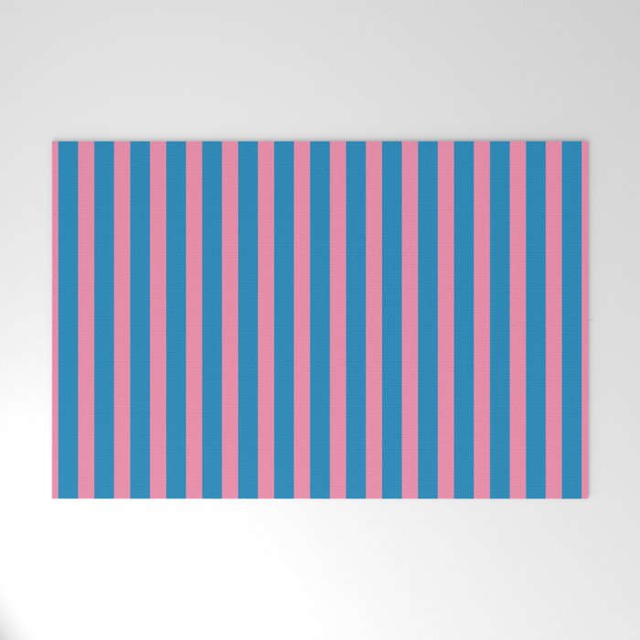 Fun Stripes Pink and Blue Narrow Vertical Retro Contemporary Stripe Pattern Welcome Mat Gallery Image 1