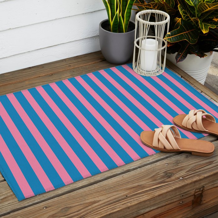 Fun Stripes Pink and Blue Narrow Vertical Retro Contemporary Stripe Pattern Outdoor Rug Gallery Image 2