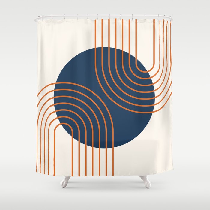 Mid Century Modern Geometric 162 Sun Rainbow abstract in Navy Blue Orange Shower Curtain Gallery Image 1