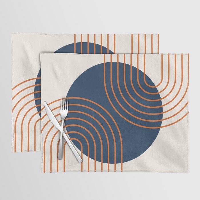 Mid Century Modern Geometric 162 Sun Rainbow abstract in Navy Blue Orange Placemat Gallery Image 1