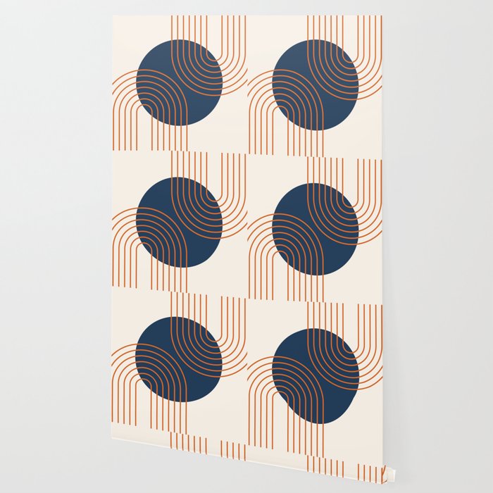 Mid Century Modern Geometric 162 Sun Rainbow abstract in Navy Blue Orange Wallpaper Gallery Image 2