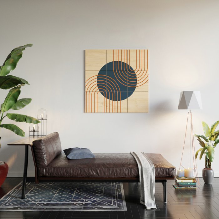 Mid Century Modern Geometric 162 Sun Rainbow abstract in Navy Blue Orange Wood Wall Art Gallery Image 2