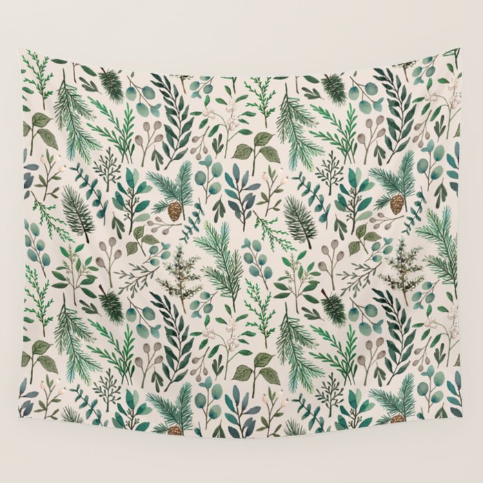 Winter Eucalyptus and Berry Pattern Wall Tapestry Gallery Image 1