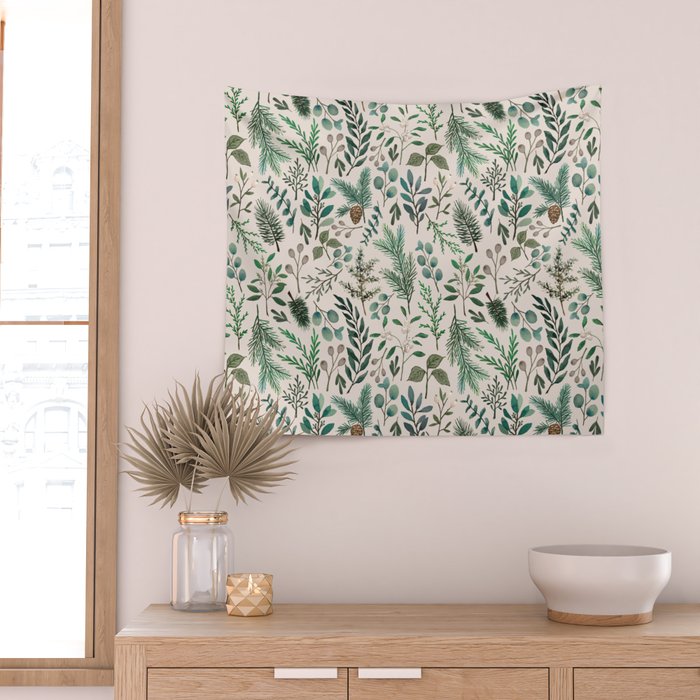 Winter Eucalyptus and Berry Pattern Wall Tapestry Gallery Image 2