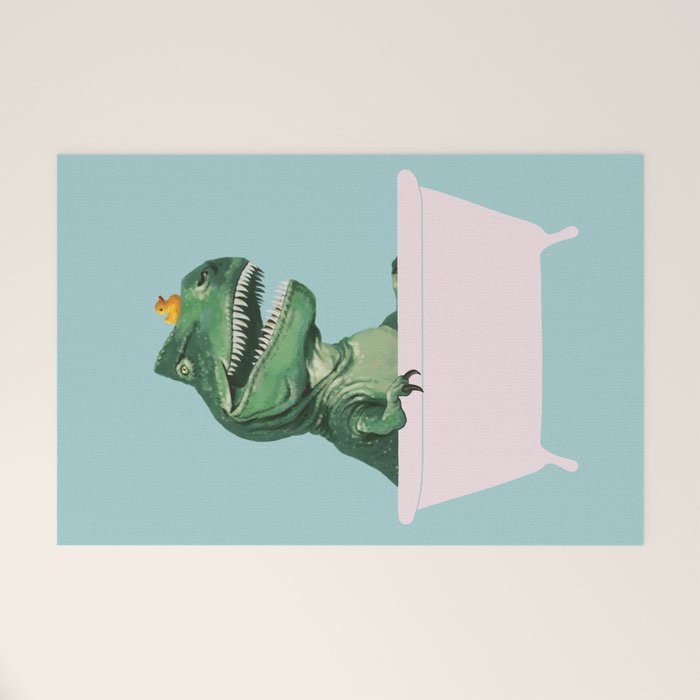 Playful T-Rex in Bathtub in Green Welcome Mat Gallery Image 1