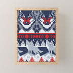 Fair isle knitting grey wolf // navy blue and grey wolves red moons and pine trees Mini Art Print Gallery Image 1